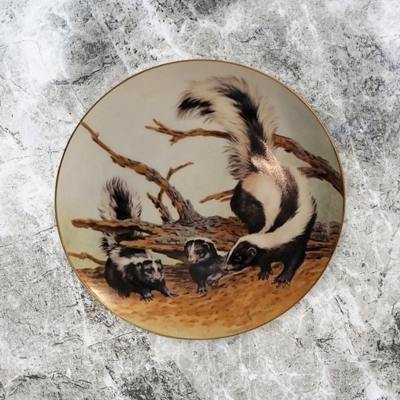 3/$30 Forest YEAR 1982 Skunks on an April Outing Porcelain Nature Plate - Picture 1 of 4